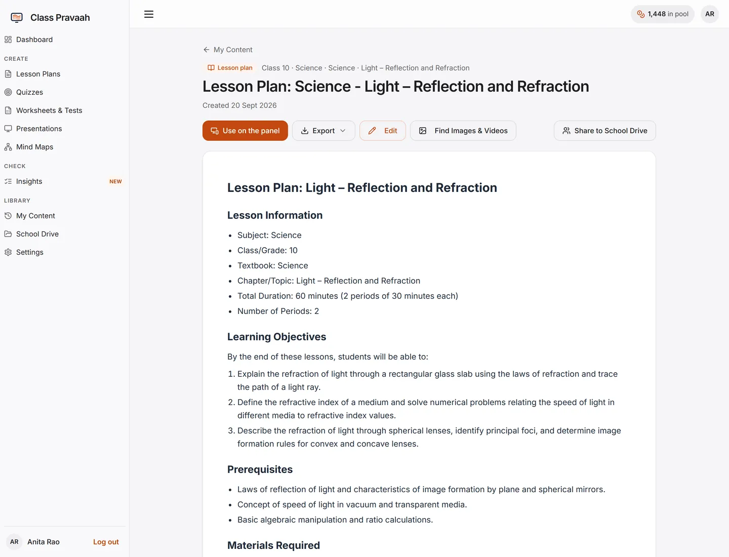 Web console: a lesson plan for Class 10 Science, Light